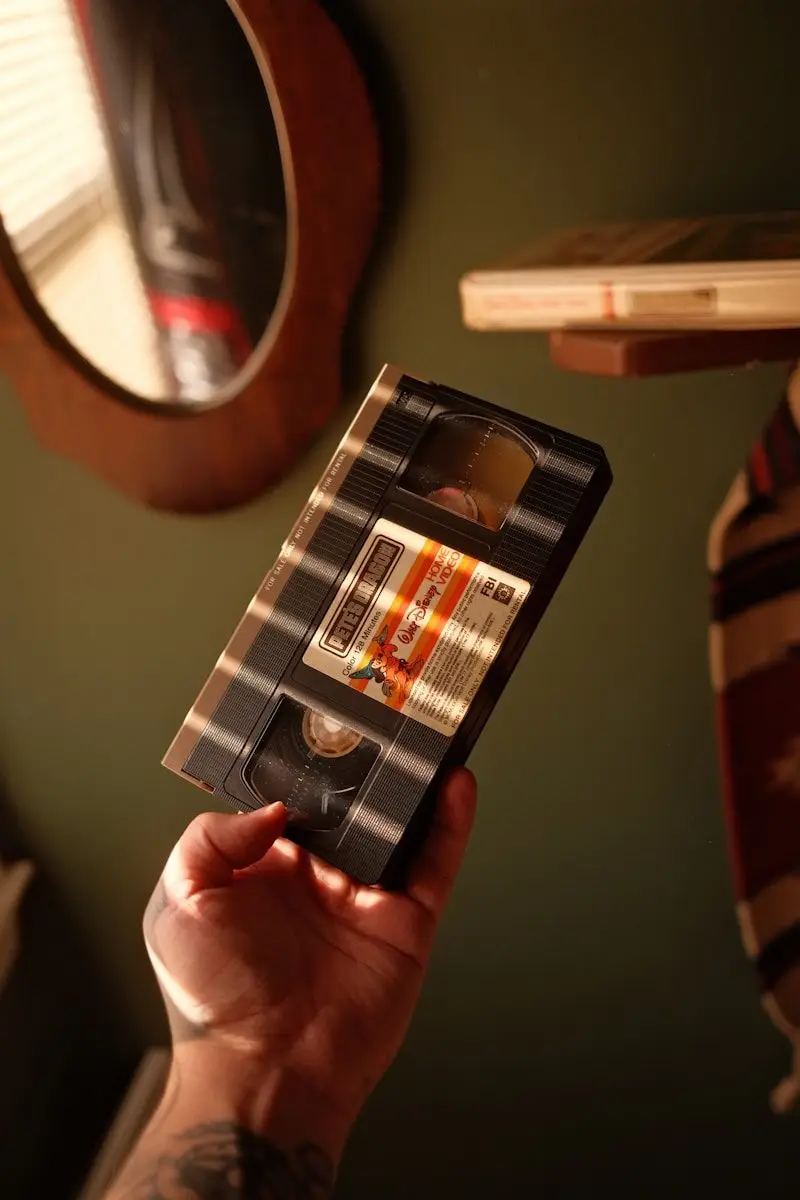 A hand holds a retro vhs tape